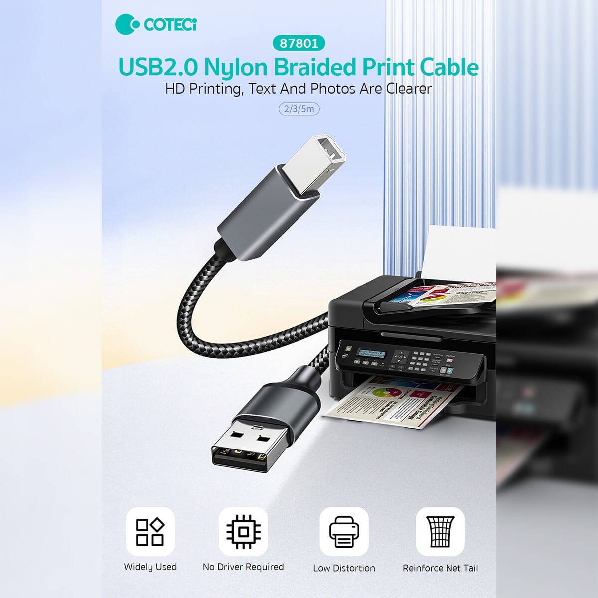 COTECi Nylon Braided USB 2.0 Printer Cable - 87801