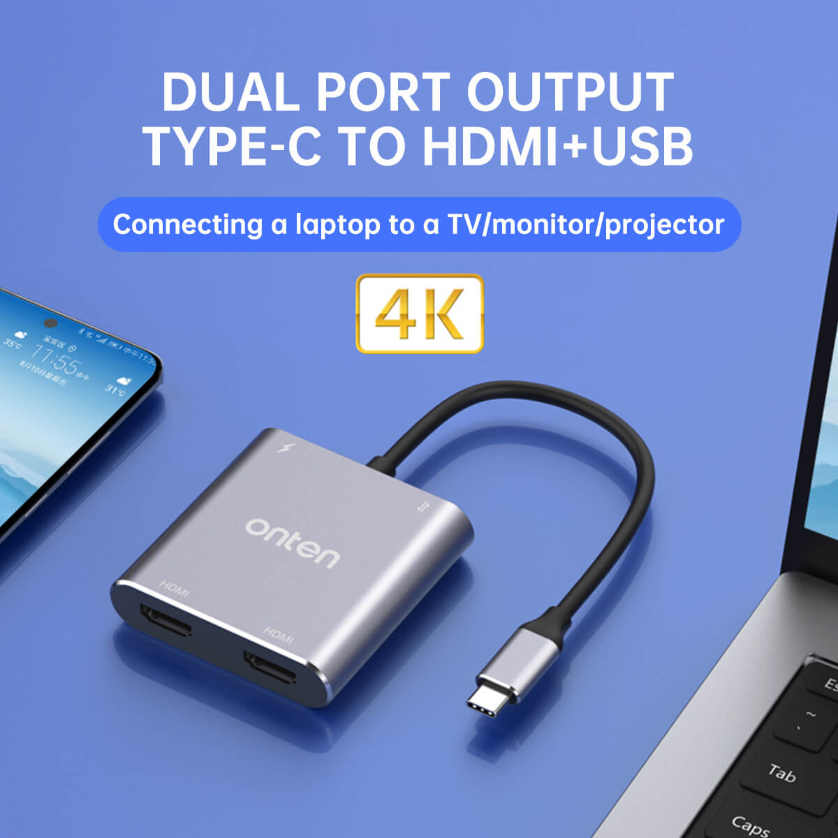 Onten 9175K 4 in 1 Type-C to Dual HDMI Adapter - Hugmie