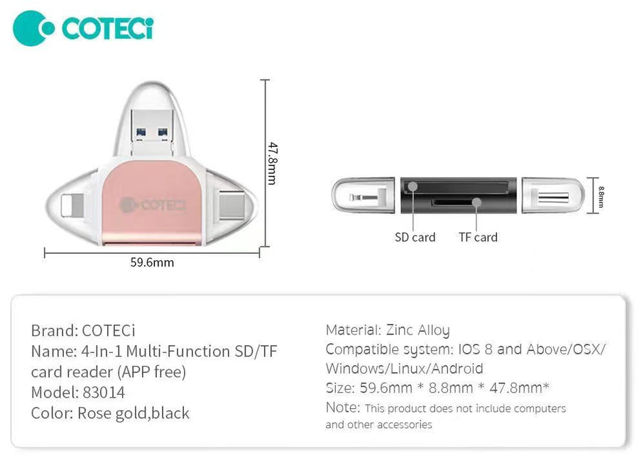COTECi 83014 4-in-1 Multi-Function SD/TF Card Reader(APP Free)