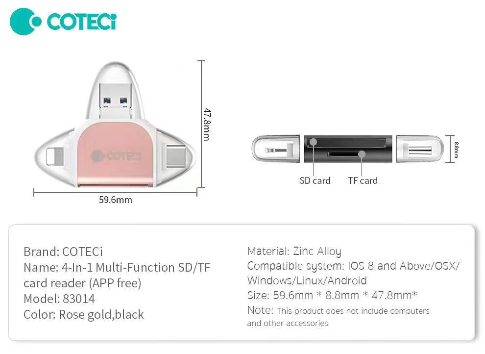 COTECi 83014 4-in-1 Multi-Function SD/TF Card Reader(APP Free)