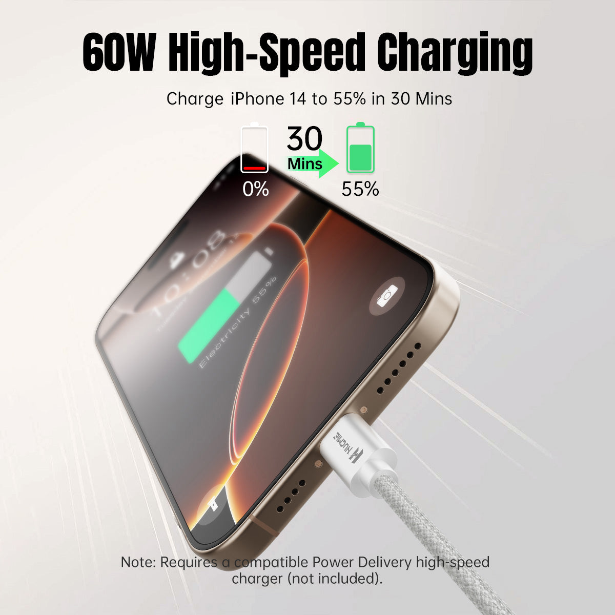 Hugmie Nylon Braided 20W Type C to Lightning Charger Cable 2M charging iPhone 14 from 0% to 55% in 30 minutes with high-speed 60W support.