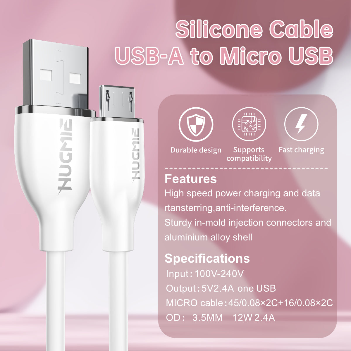 Hugmie Silicone USB-A to Micro Fast Charging Cable 1.2M-White