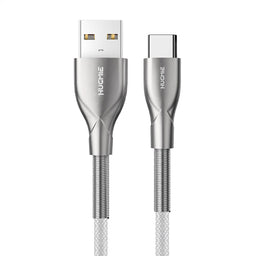 Hugmie Nylon Braided 18W USB-A to Type-C Charger Cable with durable zinc metal housing for fast charging and data transfer.