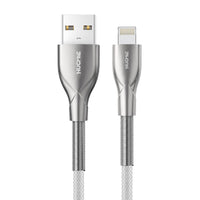 Hugmie Nylon Braided 12W USB-A to Lightning Charger Cable with durable zinc metal housing, tangle-free design, and fast charging capability.