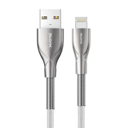 Hugmie Nylon Braided 12W USB-A to Lightning Charger Cable with durable zinc metal housing, tangle-free design, and fast charging capability.