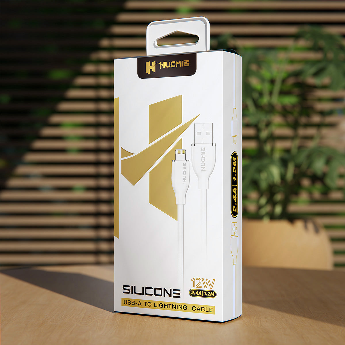Retail packaging of Hugmie? Silicone USB-A to Lightning Fast Charging Cable 1.2M, showcasing its premium design and 12W power output.