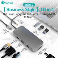 COTECi 10 in 1 USB-C HUB Multiport Adapter - 16012 showcasing multiple ports including USB, HDMI, SD card slots, and Ethernet for versatile connectivity.