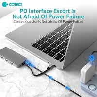 COTECi 10 in 1 USB-C HUB Multiport Adapter - 16012 with PD interface ensuring continuous power supply, preventing power failure during extended use.