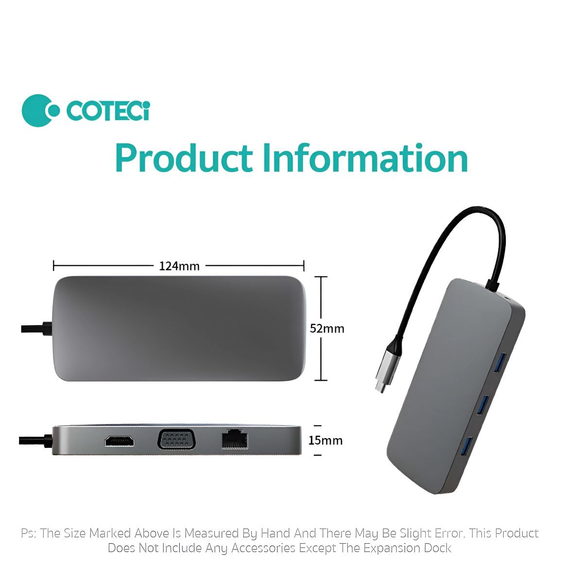 COTECi 10 in 1 USB-C HUB Multiport Adapter - 16012 product dimensions with detailed measurements, highlighting compact and portable design for convenience.