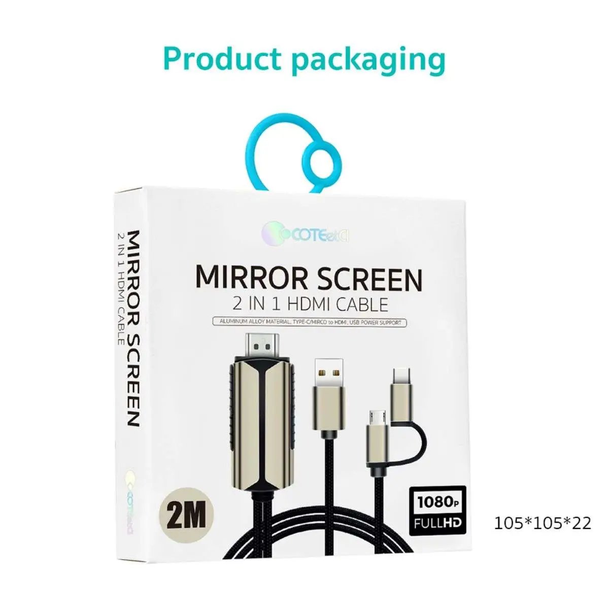 COTEetCi Mirror Screen 2-in-1 HDMI Cable packaging, featuring a 2M cable length and 1080P Full HD support for seamless connectivity.