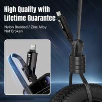 Hugmie HGC01 high-quality nylon braided 4in1 charging cable with zinc alloy connectors for durability and longevity.