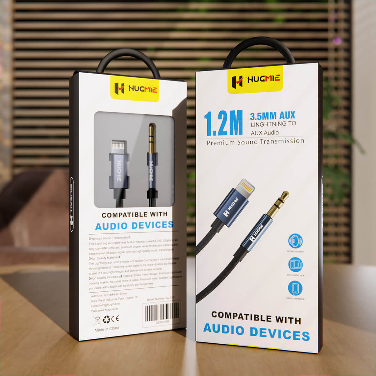 Hugmie? Lightning to 3.5mm Aux Audio Cable premium packaging, highlighting compatibility with audio devices and high-quality sound transmission.
