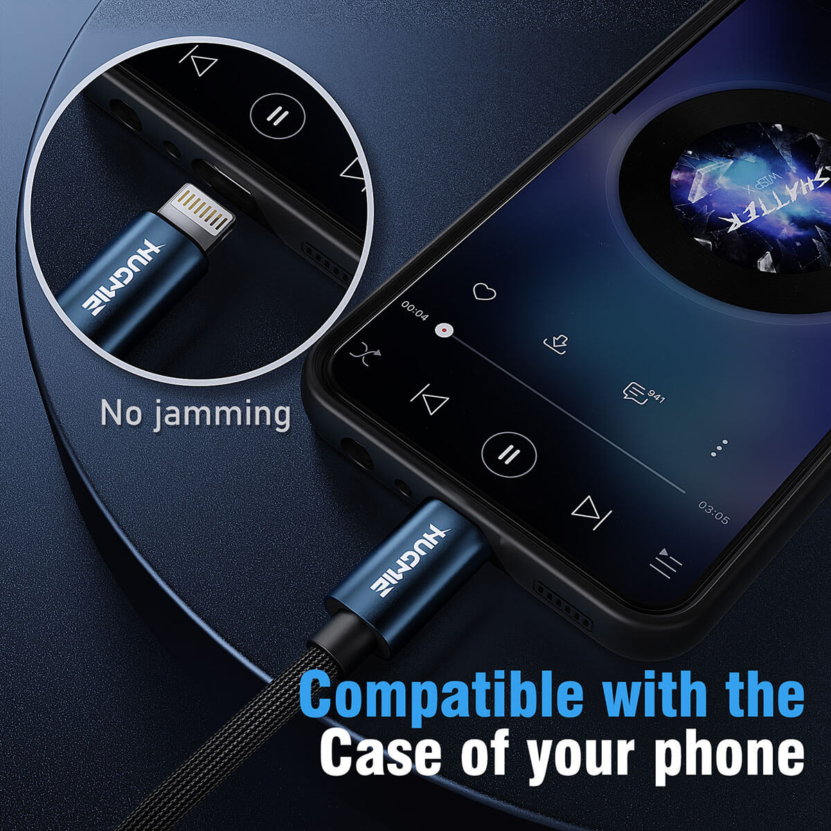 Hugmie? Lightning to 3.5mm Aux Audio Cable designed for seamless compatibility with phone cases, ensuring uninterrupted music playback.