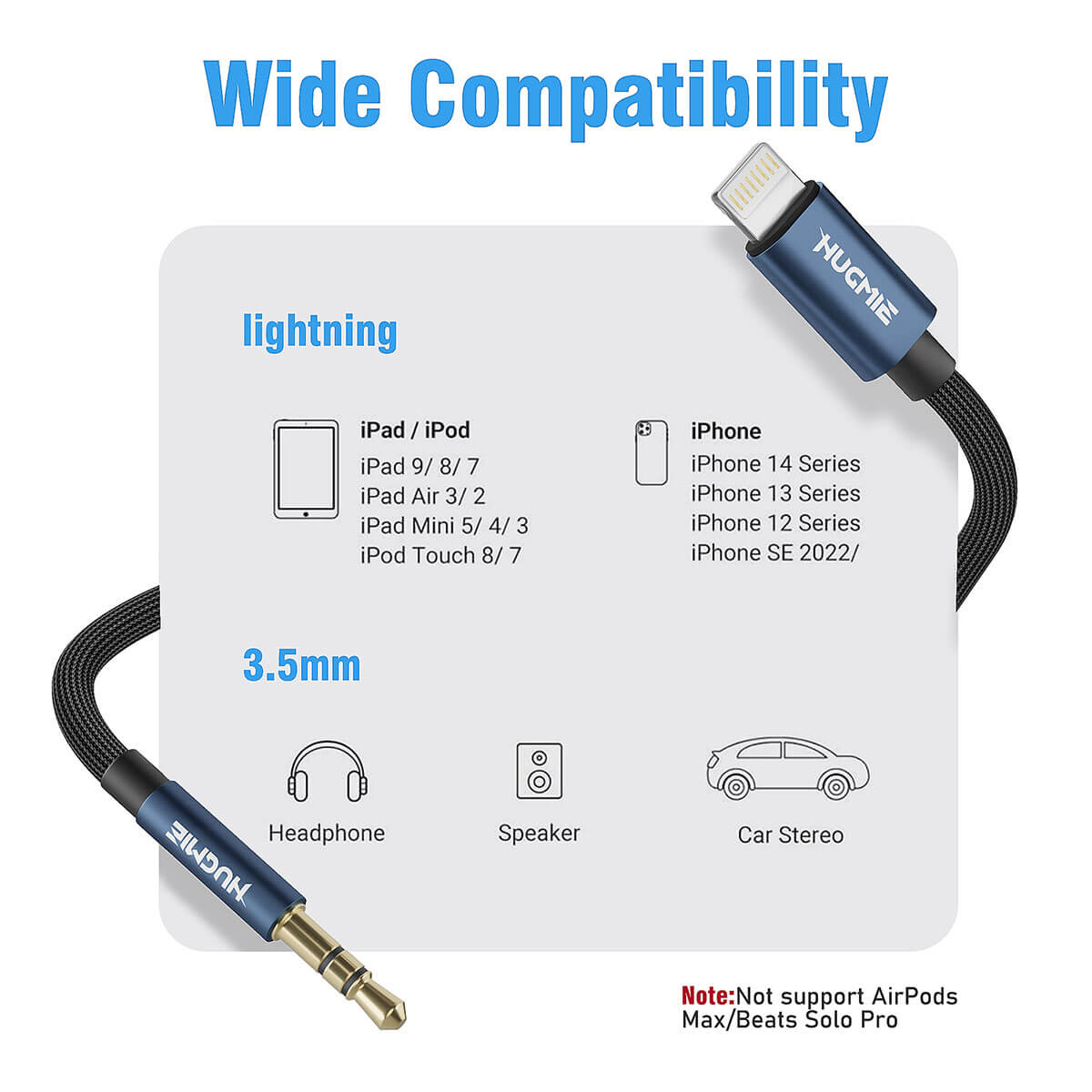 Hugmie? Lightning to 3.5mm Aux Audio Cable offers wide compatibility with iPhones, iPads, headphones, speakers, and car stereos.