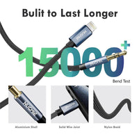 Hugmie? Lightning to 3.5mm Aux Audio Cable tested for 15,000+ bends, featuring an aluminum shell, solid wire joint, and flexible nylon braid.