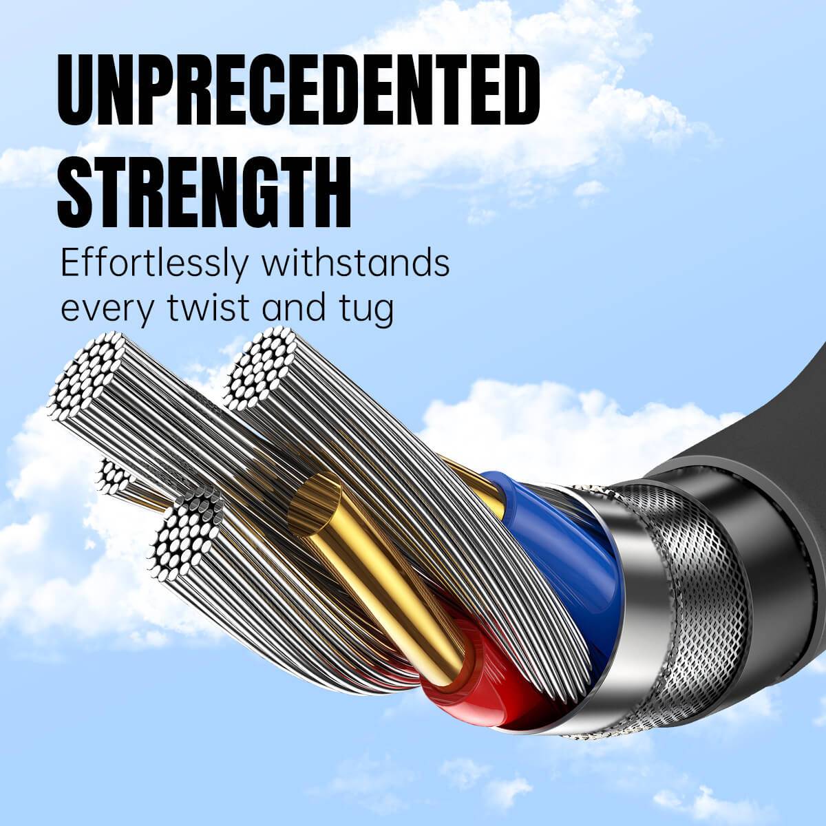 Hugmie USB-A to Lightning cable with reinforced internal wiring, ensuring unprecedented strength to withstand twists and tugs.