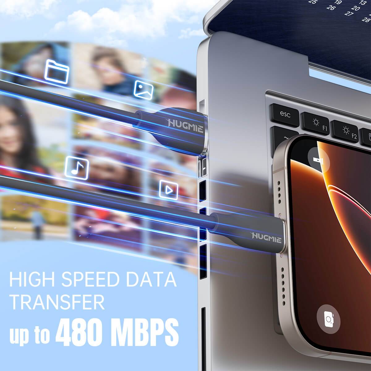 Hugmie USB-A to Lightning cable supporting high-speed data transfer up to 480 Mbps, ideal for syncing files between Apple devices and computers.