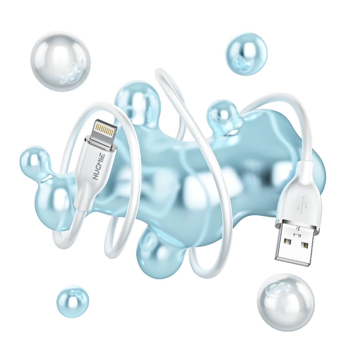 Hugmie? USB-A to Lightning cable with a flexible silicone build, designed for durability and efficient charging performance.