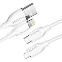 Hugmie? charging cables featuring USB-A to Lightning, USB-C, and Micro-USB connectors, offering versatile charging options.