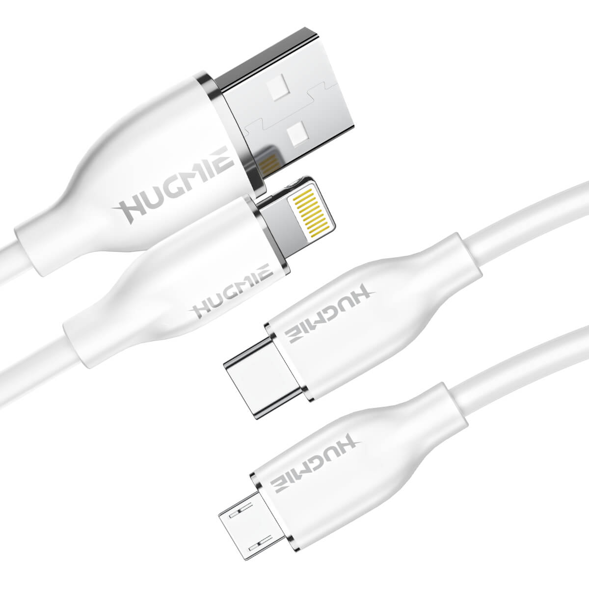Hugmie? charging cables featuring USB-A to Lightning, USB-C, and Micro-USB connectors, offering versatile charging options.