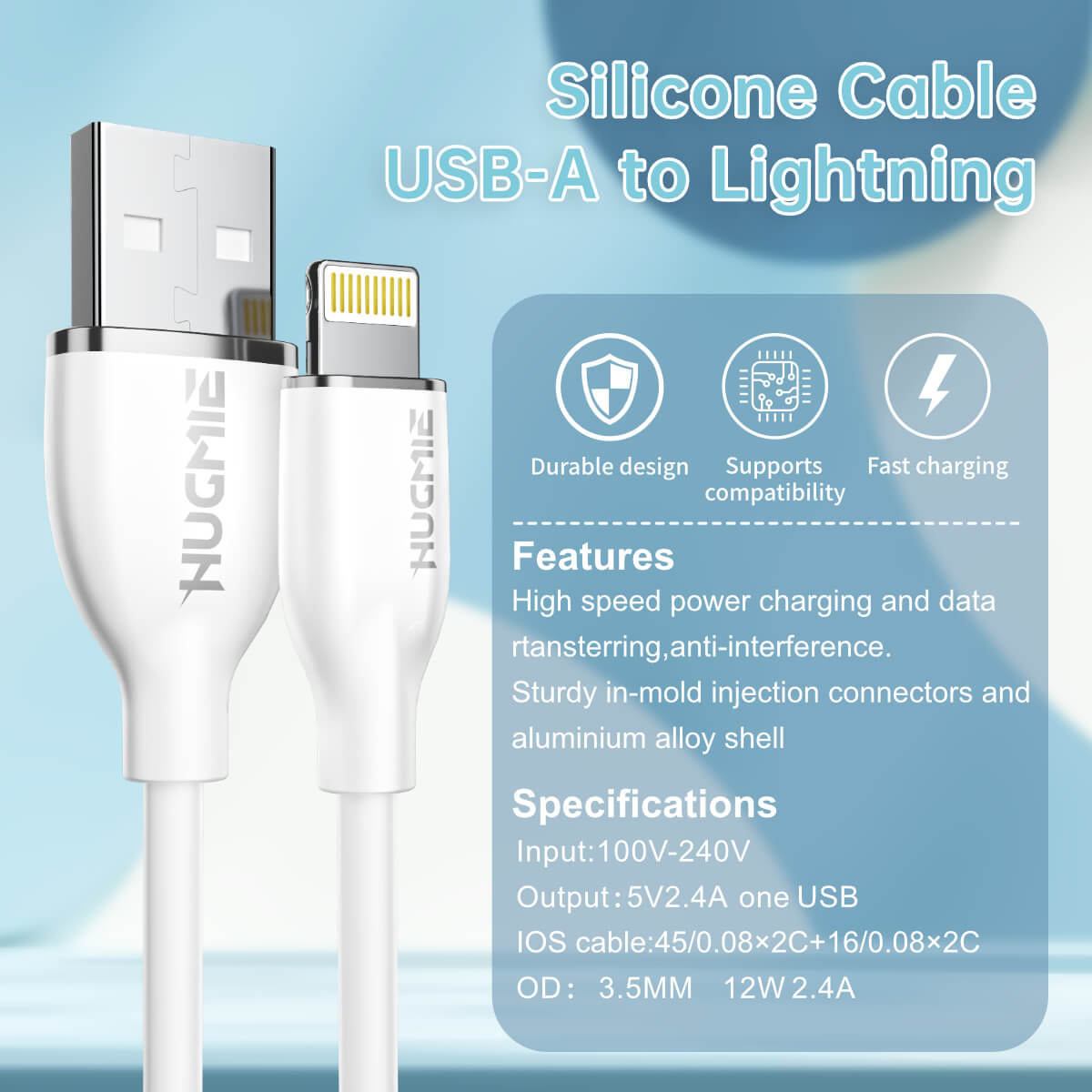 Detailed specifications of Hugmie? USB-A to Lightning fast charging cable, emphasizing its durable design, fast charging, and anti-interference features.