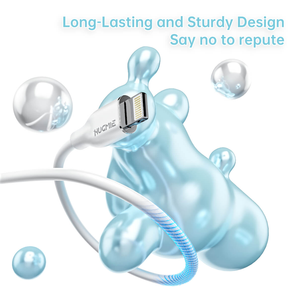 Close-up of Hugmie? USB-A to Lightning cable showcasing its sturdy silicone design, ensuring long-lasting durability and resistance to wear.