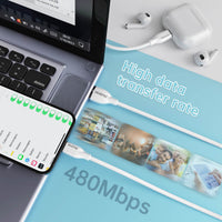 Hugmie? USB-A to Lightning cable demonstrating a high data transfer rate of 480Mbps, ideal for fast syncing between devices.