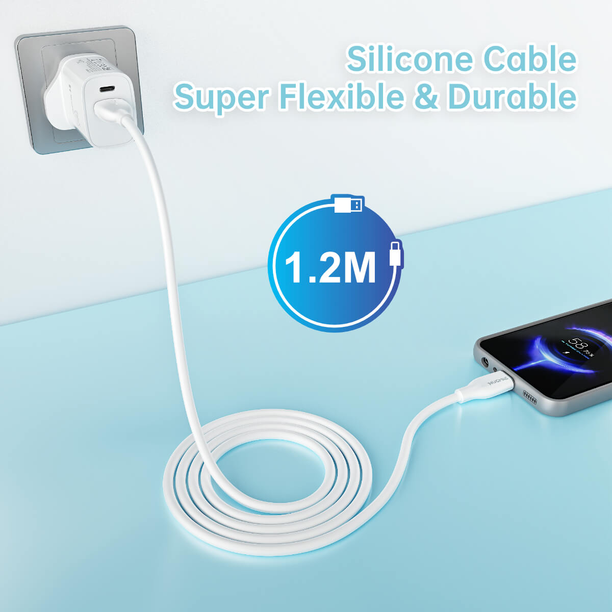 Hugmie? 1.2M silicone USB-A to Lightning cable plugged into a wall adapter, highlighting its flexibility and durability for everyday use.