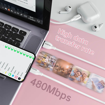 Hugmie? USB-A to Micro fast charging cable with 480Mbps high data transfer rate, shown connected to a laptop and wireless earbuds for seamless performance.