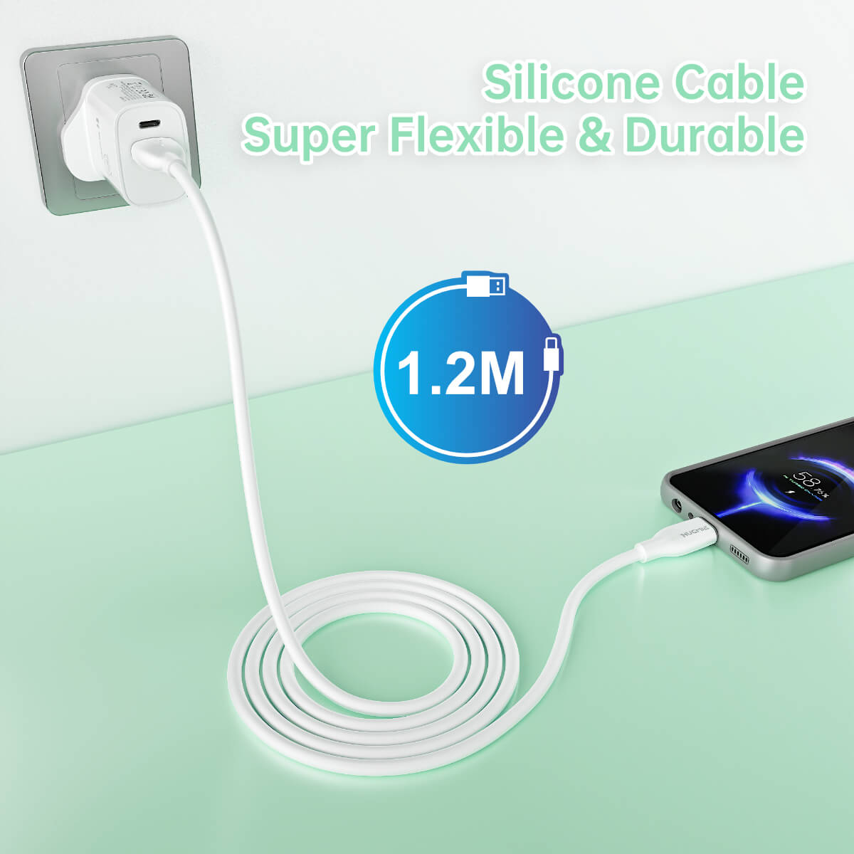 Super flexible and durable Hugmie? Silicone USB-A to Type-C Fast Charging Cable 1.2M, ideal for seamless charging with a tangle-free design.