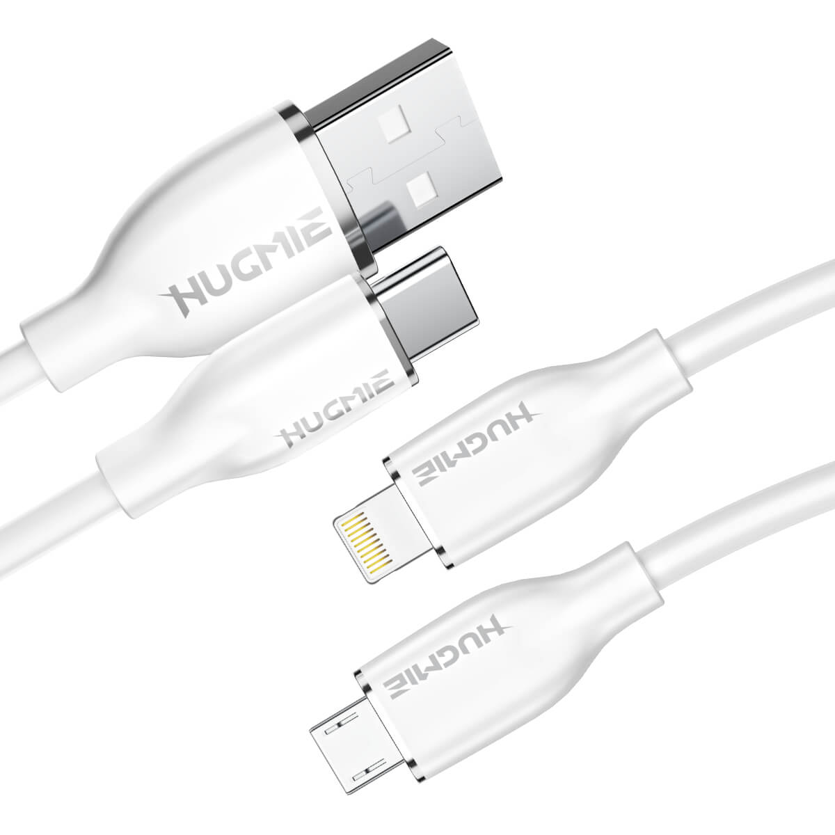 Hugmie? multi-functional charging cables, including USB-A to Type-C, Lightning, and Micro-USB, ensuring universal compatibility for various devices.