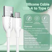 Detailed specifications of Hugmie? Silicone USB-A to Type-C Fast Charging Cable 1.2M, highlighting fast charging, durability, and compatibility.