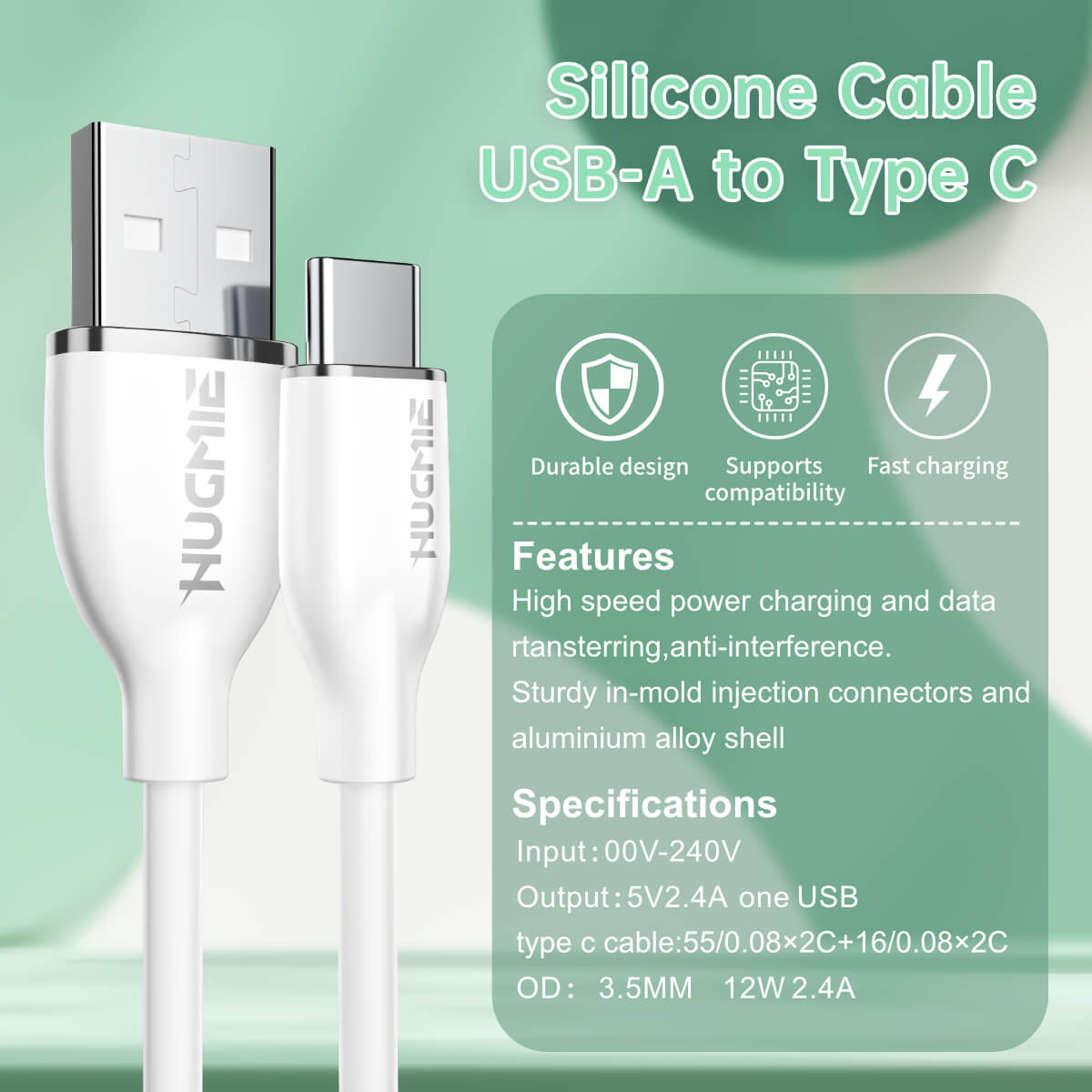 Detailed specifications of Hugmie? Silicone USB-A to Type-C Fast Charging Cable 1.2M, highlighting fast charging, durability, and compatibility.