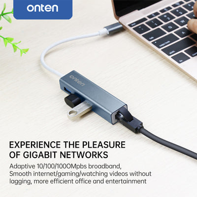 Onten 9593 USB-C to 3-Port Hub with Fast Ethernet Adapter - Hugmie