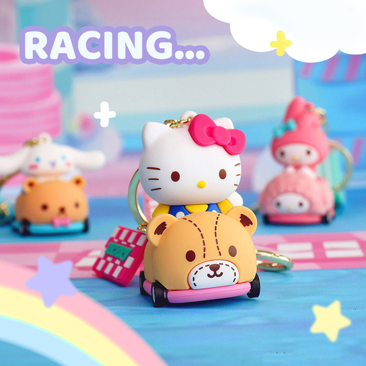 Sanrio on Race Car with Rolling Wheel Keychain - HugmieToys