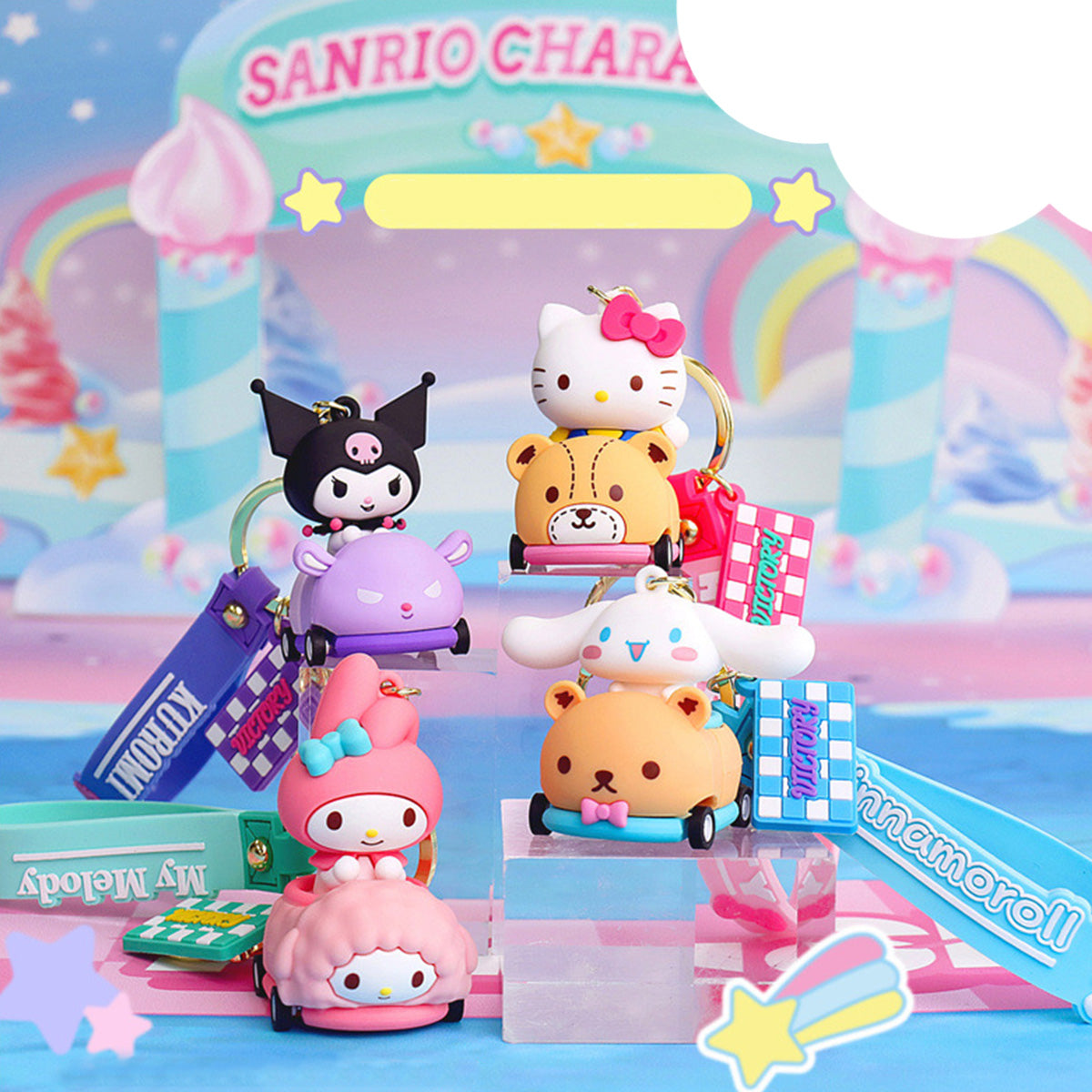 Sanrio on Race Car with Rolling Wheel Keychain - HugmieToys