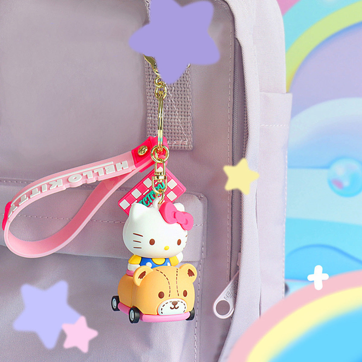 Sanrio on Race Car with Rolling Wheel Keychain - HugmieToys