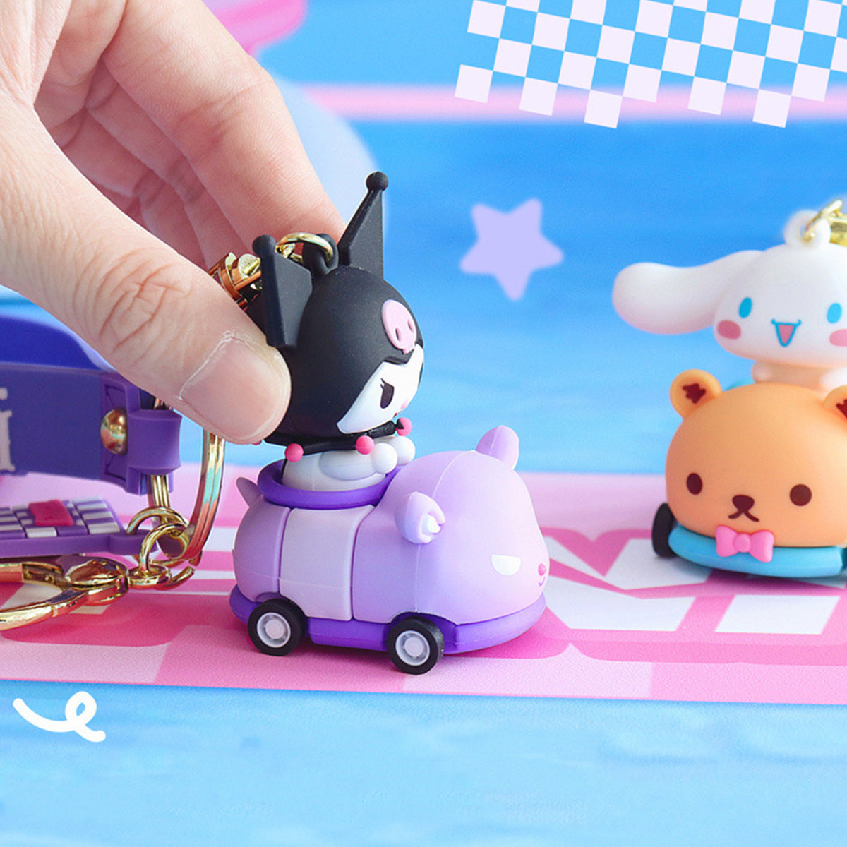 Sanrio on Race Car with Rolling Wheel Keychain - HugmieToys