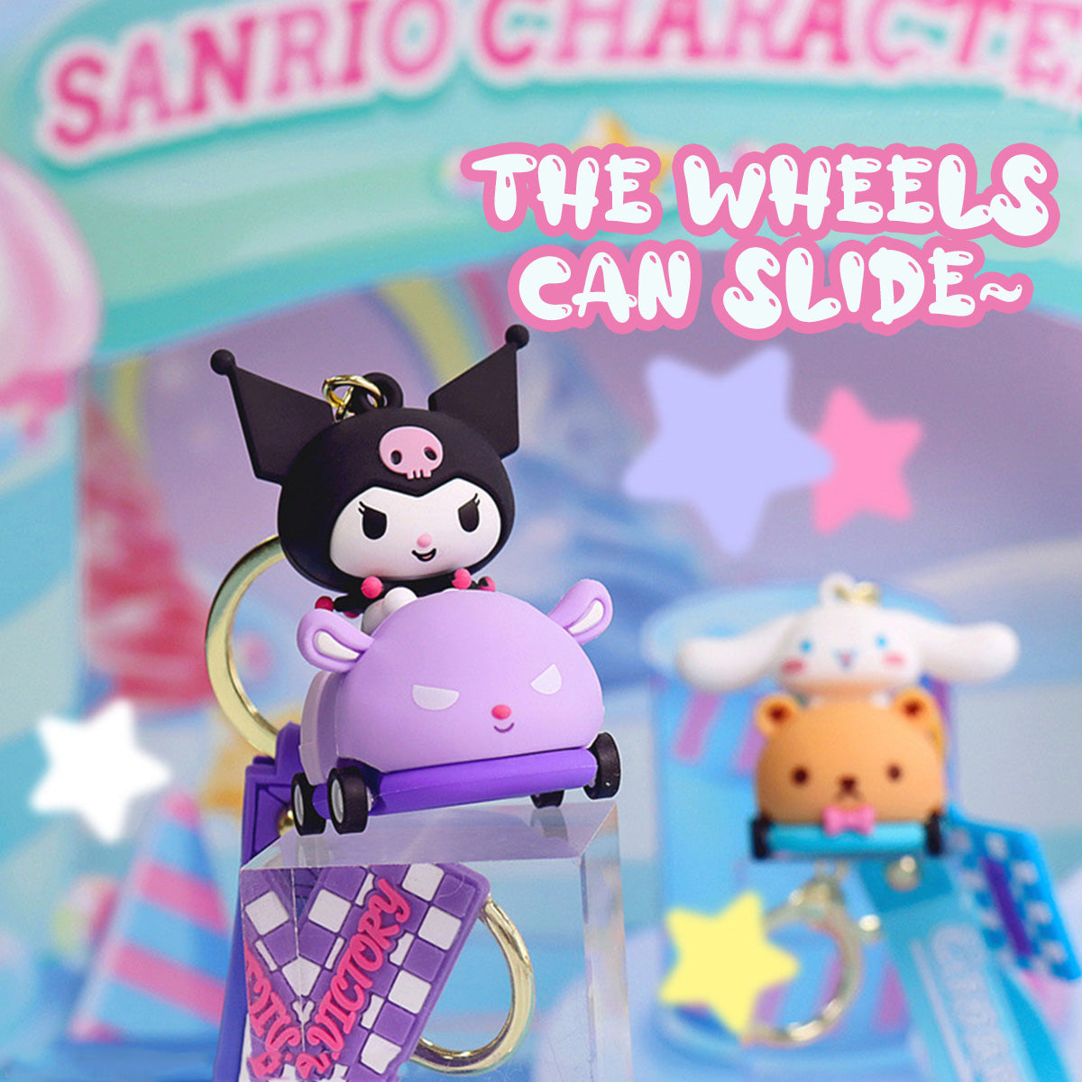 Sanrio on Race Car with Rolling Wheel Keychain - HugmieToys