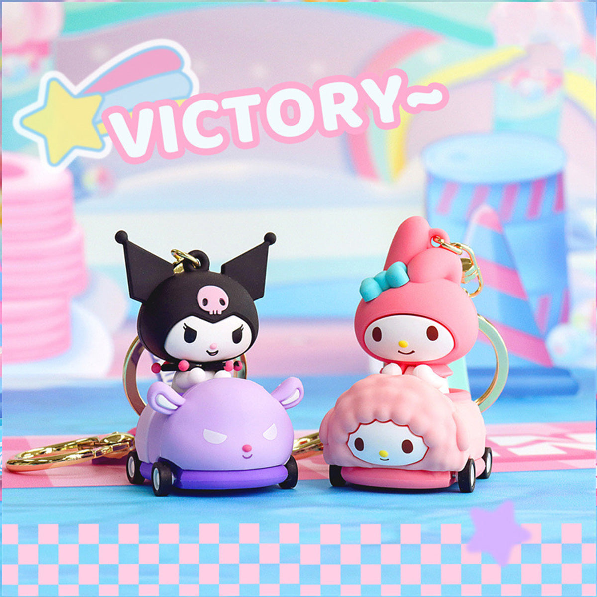 Sanrio on Race Car with Rolling Wheel Keychain - HugmieToys