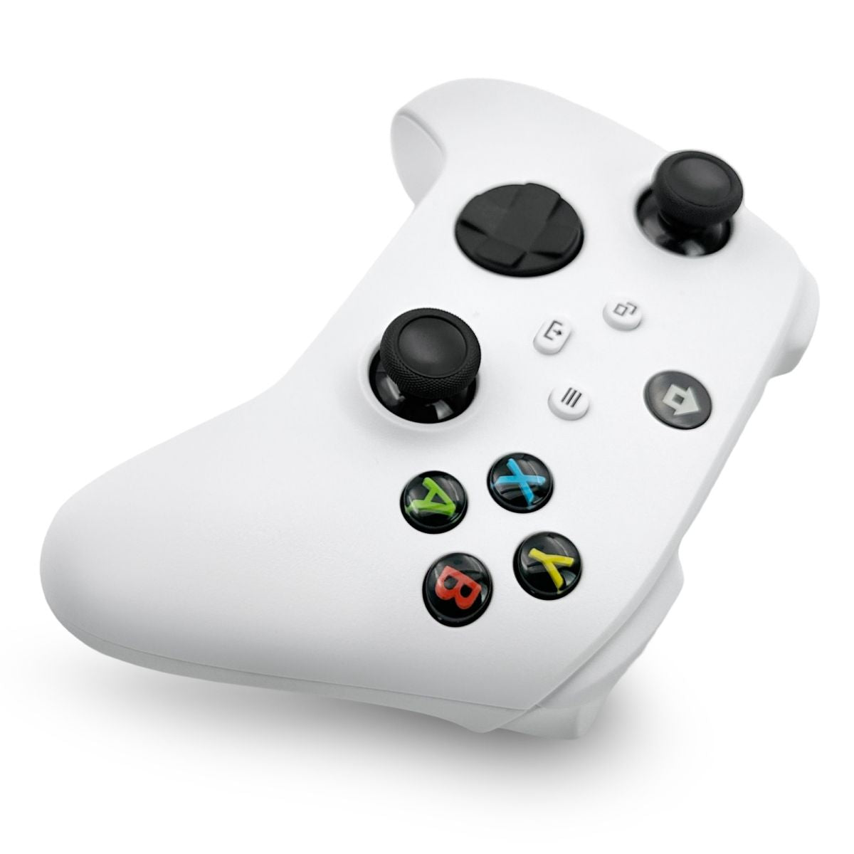 Close-up angled view of the WR007 Xbox Wireless Controller in white, featuring precision thumbsticks and responsive action buttons.