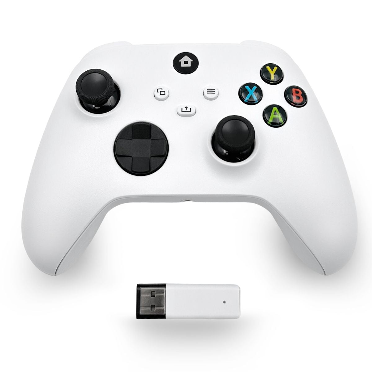 WR007 Xbox Wireless Controller in white with 2.4GHz Bluetooth and USB dongle. Precision controls and long battery life for enhanced gameplay.