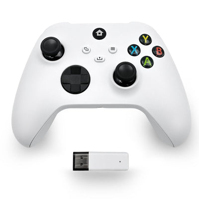 WR007 Xbox Wireless Controller in white with 2.4GHz Bluetooth and USB dongle. Precision controls and long battery life for enhanced gameplay.