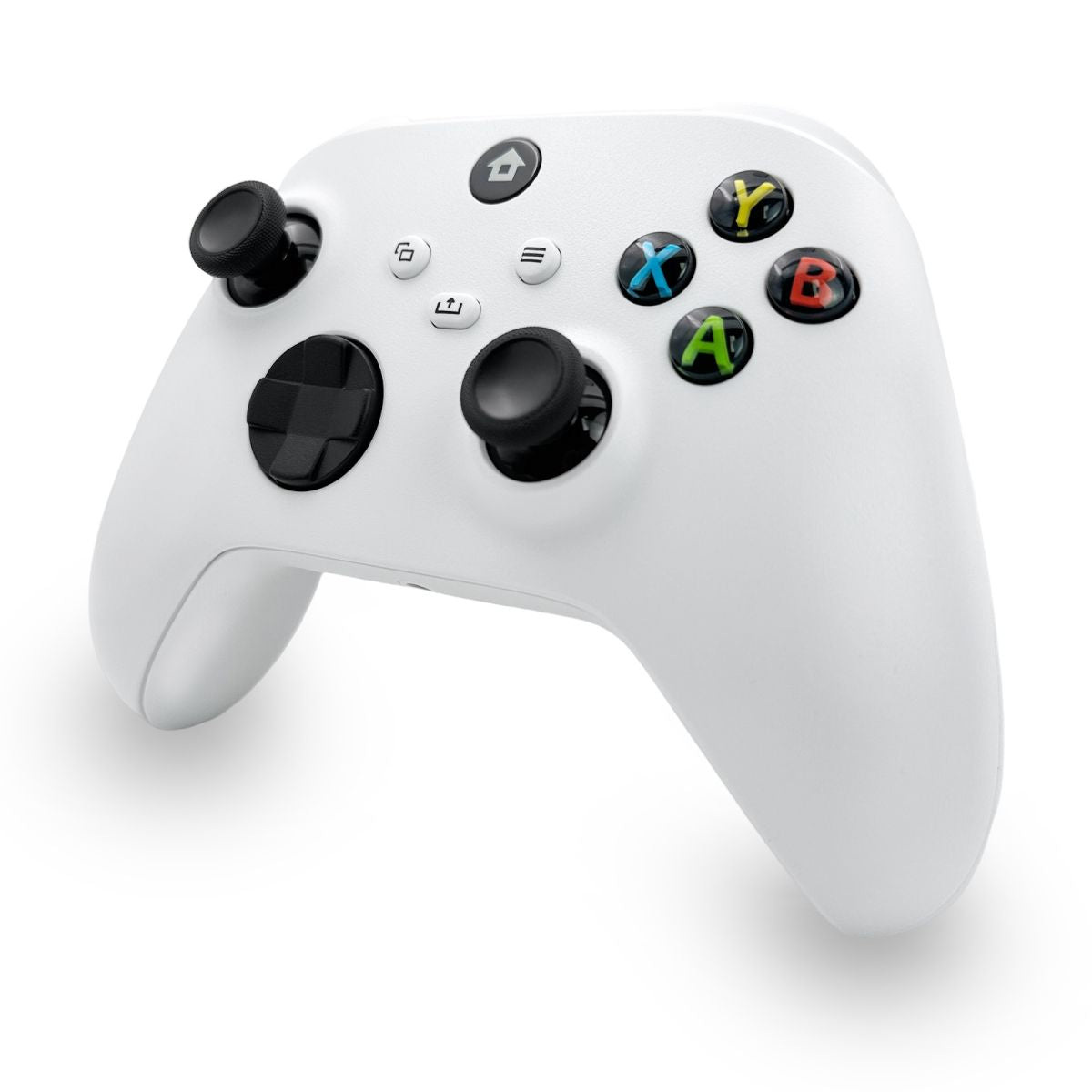 Angled view of the WR007 Xbox Wireless Controller in white, featuring responsive buttons and ergonomic grip for comfortable gaming sessions.