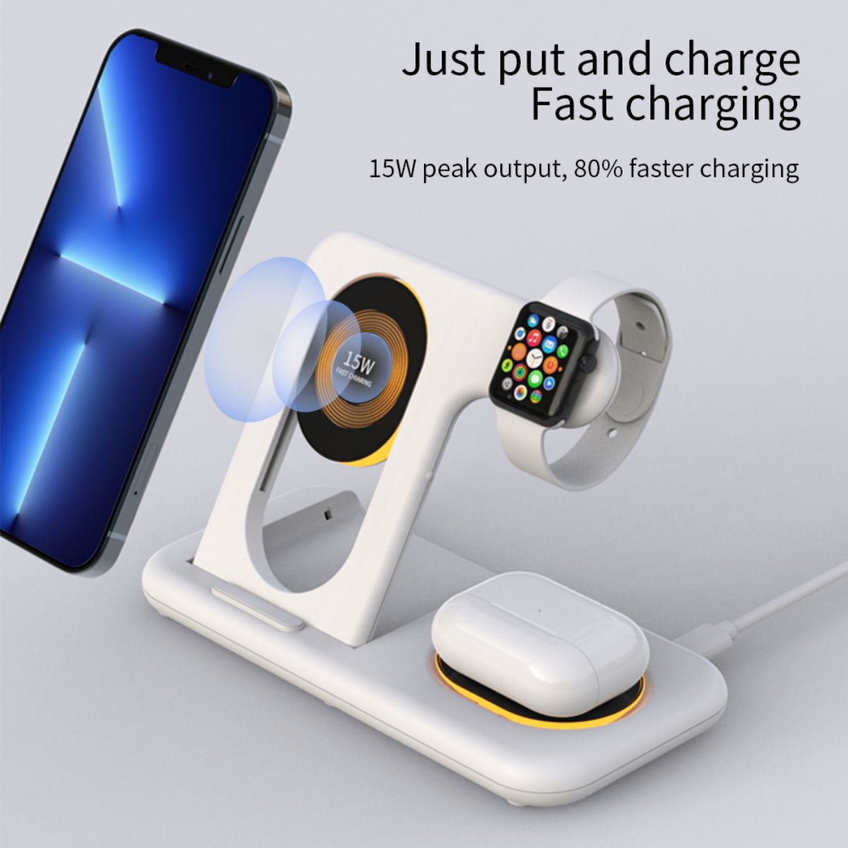 Fast charging Y36 6 in 1 15W Folding Wireless Charger in white, charging a smartphone, smartwatch, and earbuds with 15W peak output.
