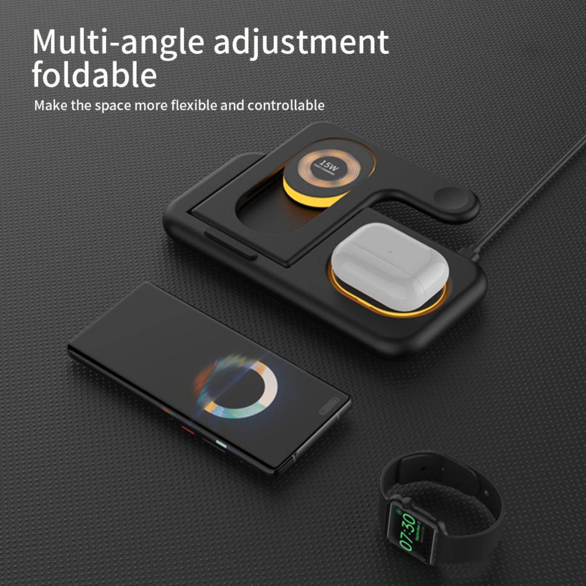 Foldable and multi-angle adjustable Y36 6 in 1 15W Wireless Charger in black, offering flexible and space-saving charging solutions.